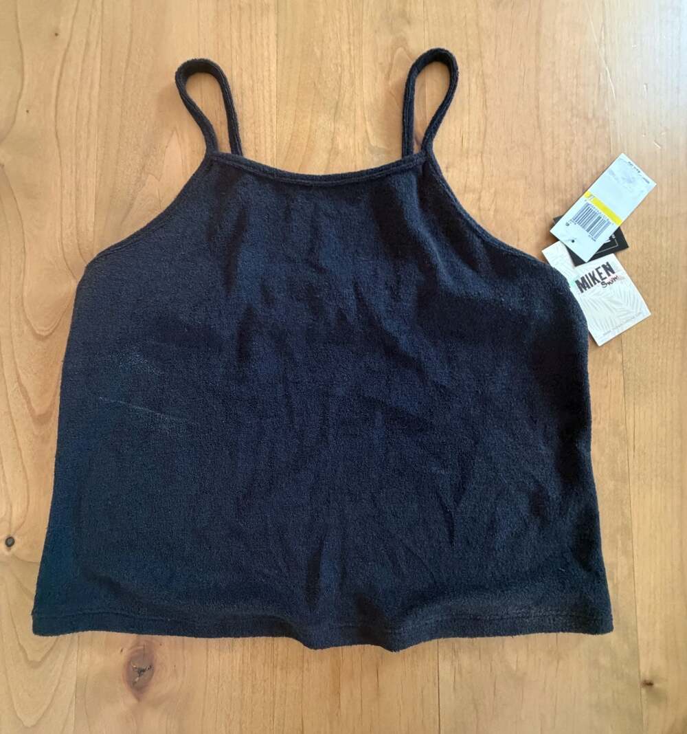 Miken Swim Black Terry Cloth Spaghetti Strap Crop Tank Top Med